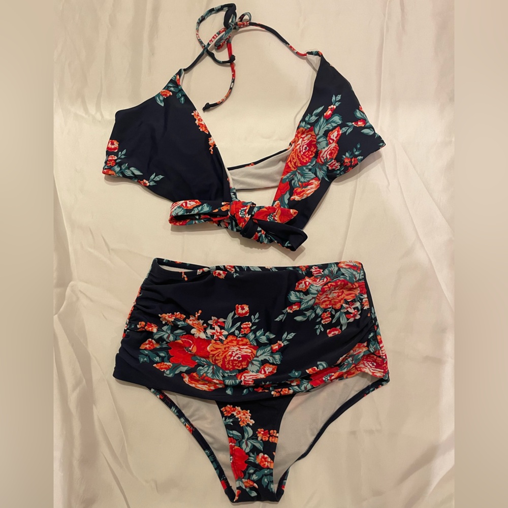 High Waisted Navy Floral Bikini